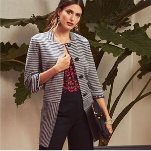 $179 Cabi #5474 Dappled Striped Collarless Car Coat Navy Grey small